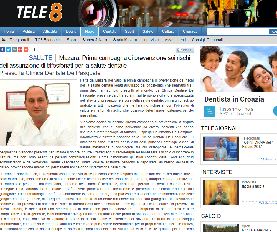 Rassegna stampa: su Tele 8 TV la news della nostra campagna di prevenzione sui rischi dell\’assunzione di bifosfonati